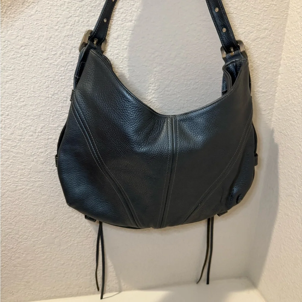Botkier TRIGGER Mermaid Blue Moto Leather Hobo Shoulder Bag Studded Fringe